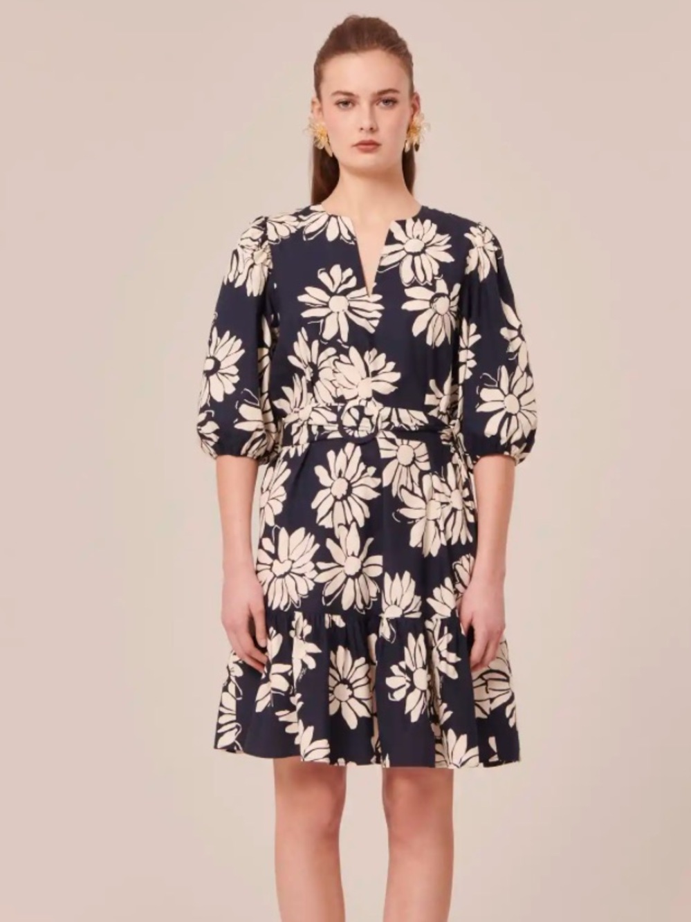 Tara Jarmon Rosabetta Midnight Blue Floral Cotton Poplin Puff-Sleeve Dress